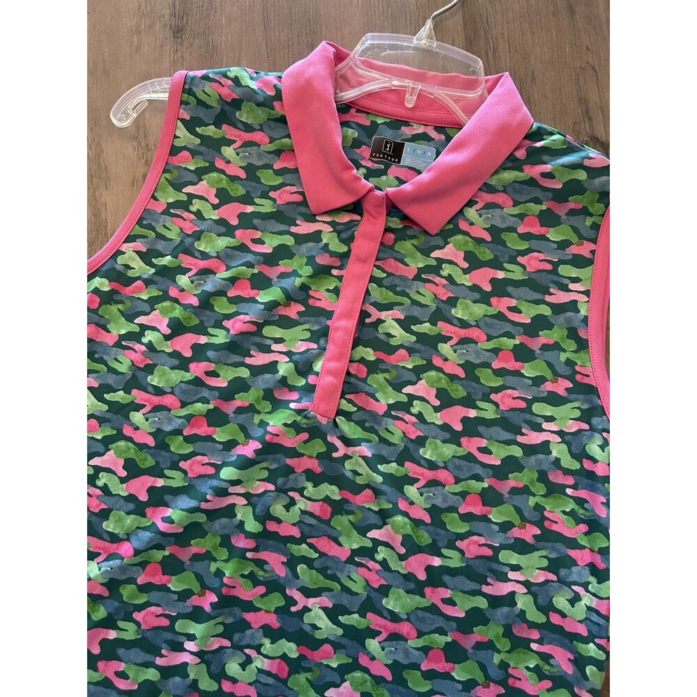 PGA TOUR Women's Sz L Golf Camo Printed Sleeveless Polo Shirt Collar Pink Green